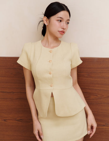 Amara Tweed Peplum Top in Butter Yellow