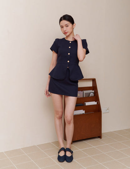 Amara Tweed Peplum Top in Navy