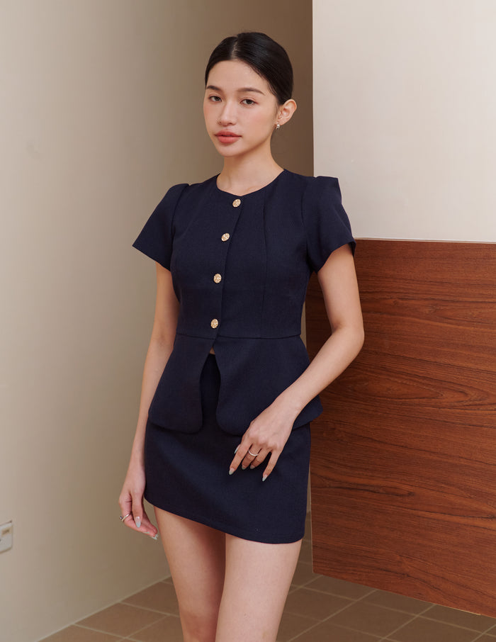 Amara Tweed Peplum Top in Navy