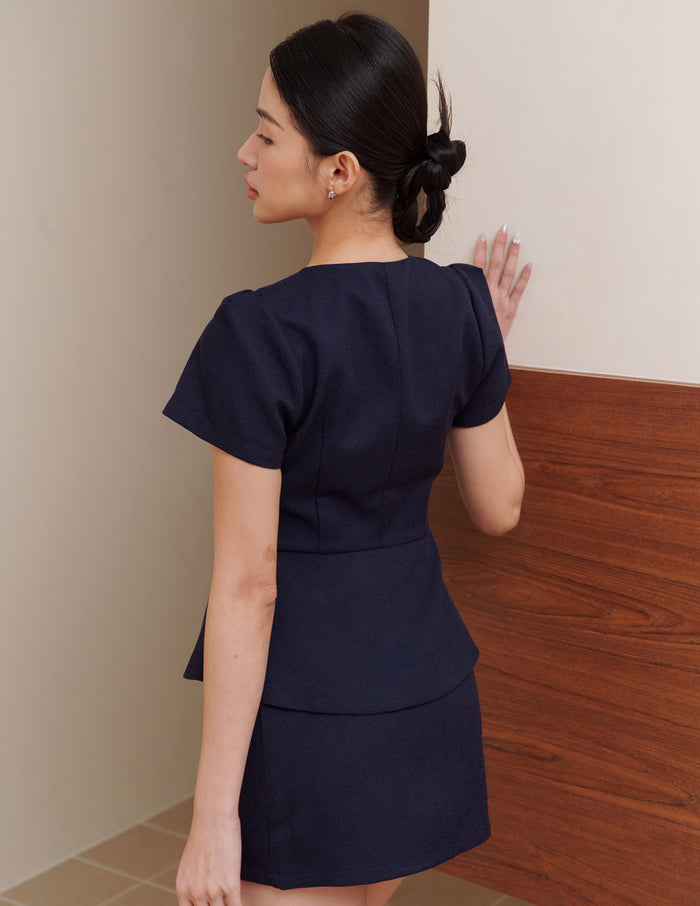 Amara Tweed Peplum Top in Navy