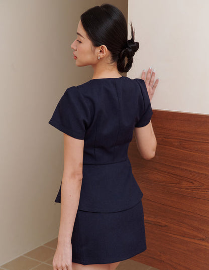 Amara Tweed Peplum Top in Navy