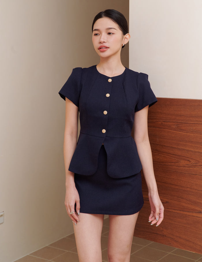 Amara Tweed Peplum Top in Navy