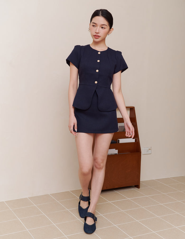 Amara Tweed Peplum Top in Navy