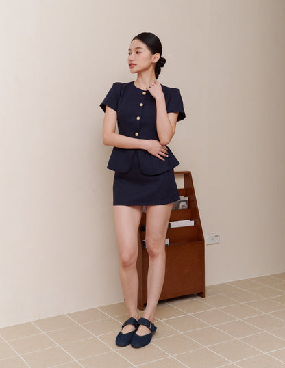 Amara Tweed Peplum Top in Navy