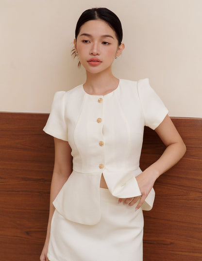 Amara Tweed Peplum Top in White