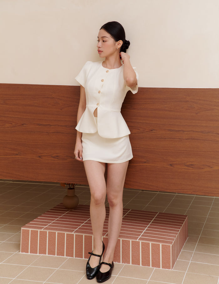 Amara Tweed Peplum Top in White
