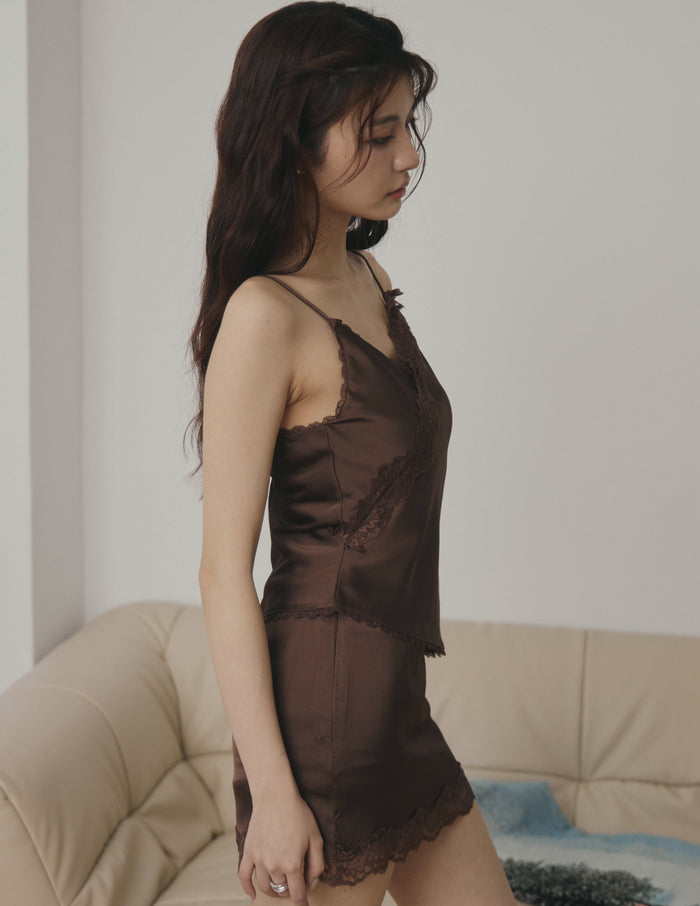 Amelie Padded Lace Trim Cami Top in Brown