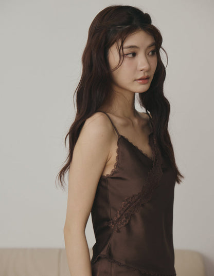 Amelie Padded Lace Trim Cami Top in Brown