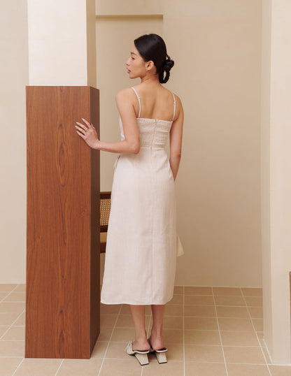 Bella Tweed Padded Midi Dress in Beige