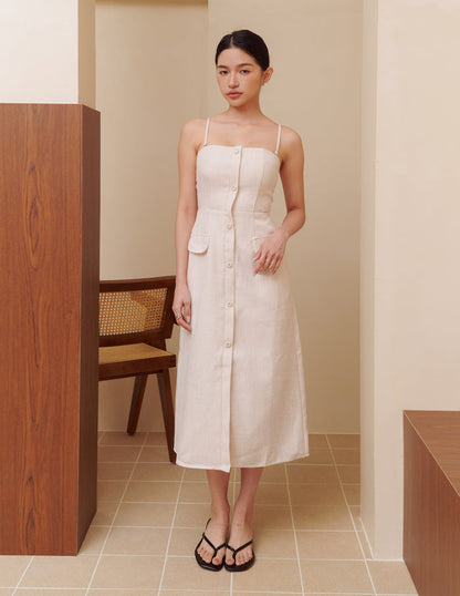 Bella Tweed Padded Midi Dress in Beige