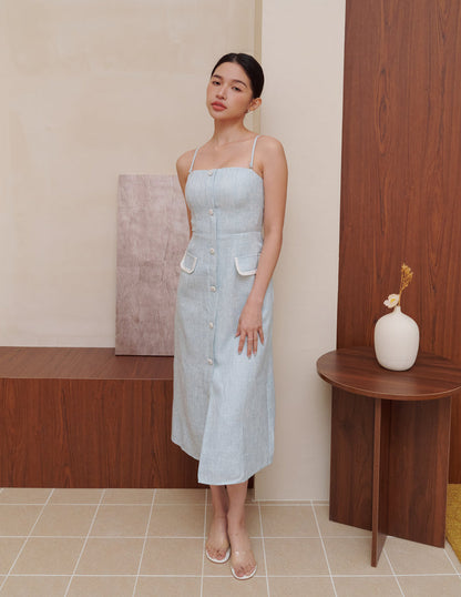 Bella Tweed Padded Midi Dress in Blue