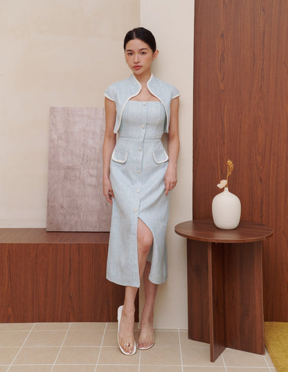 Bella Tweed Padded Midi Dress in Blue