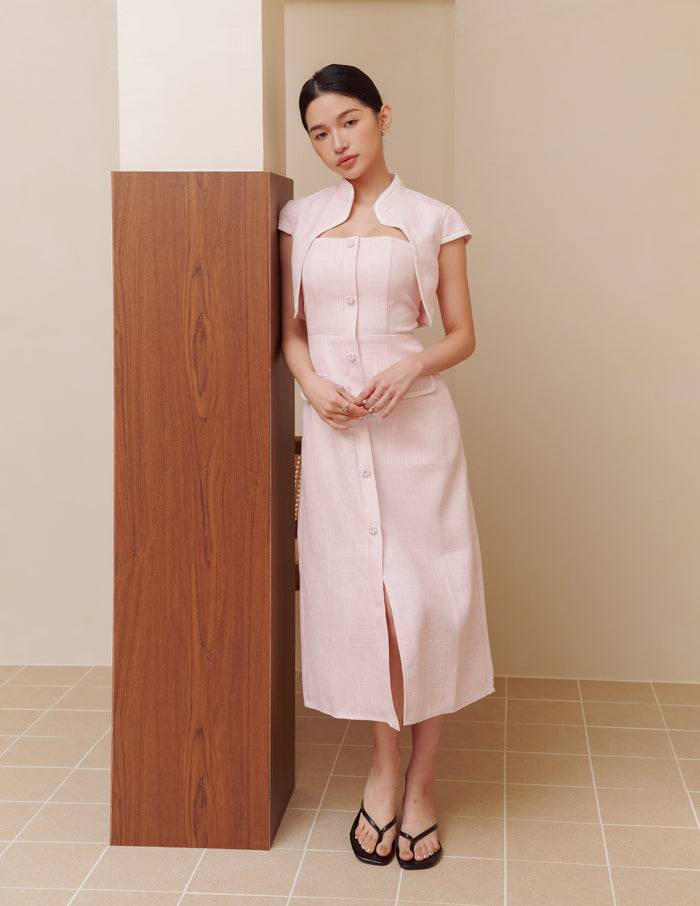 Bella Tweed Padded Midi Dress in Pink
