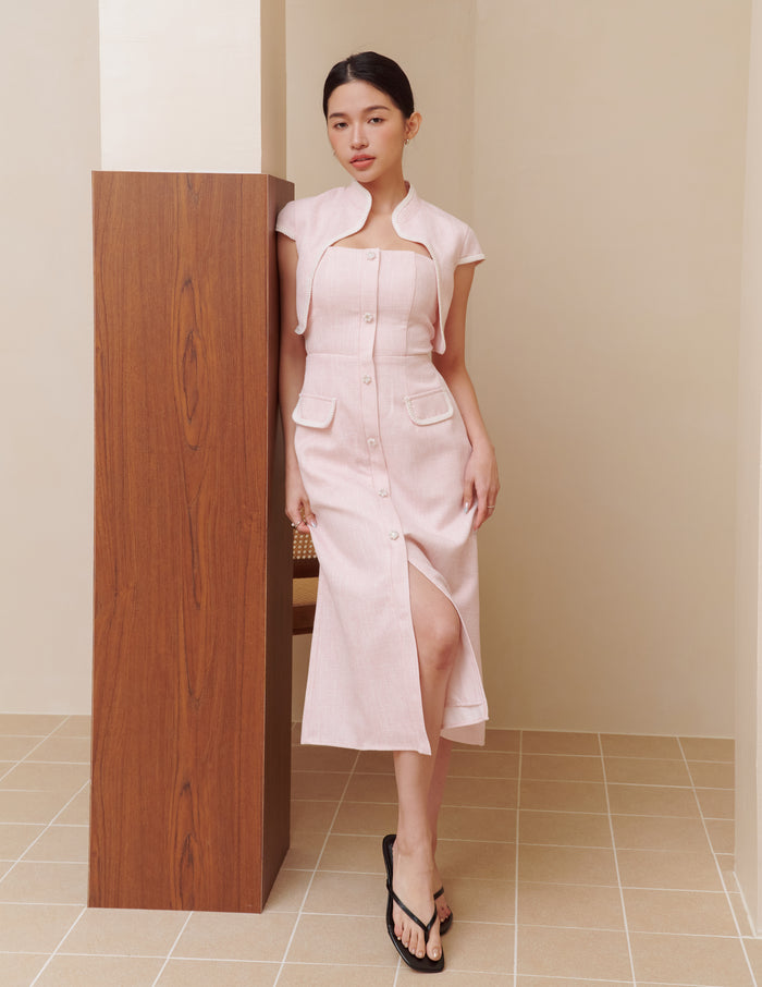 Bella Tweed Padded Midi Dress in Pink