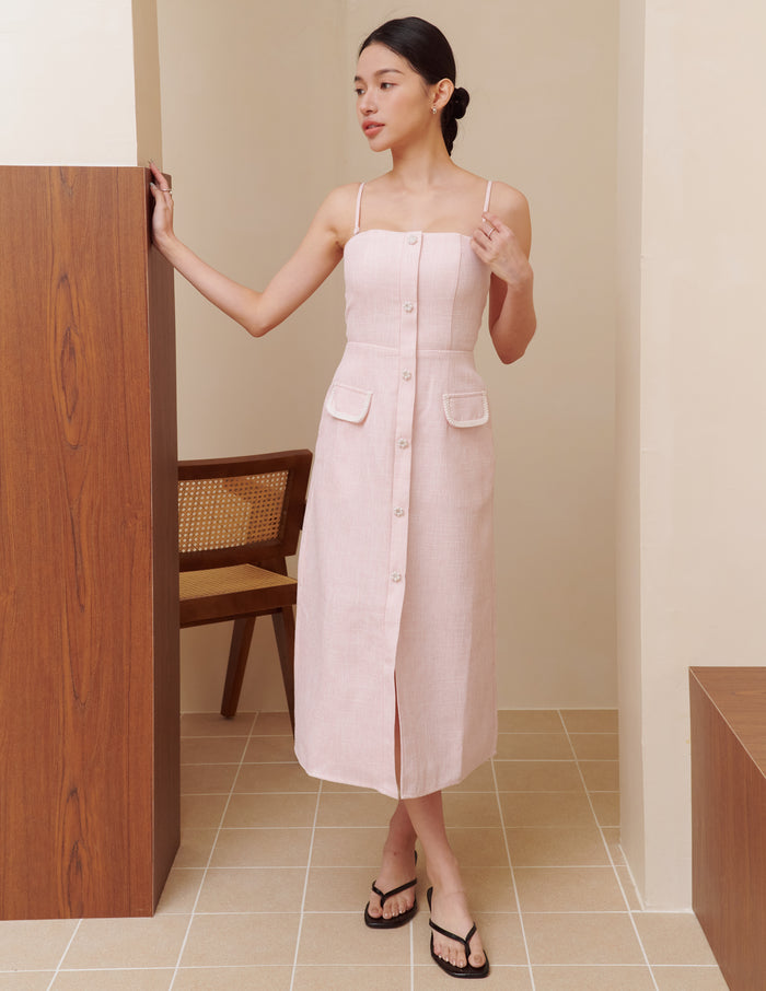 Bella Tweed Padded Midi Dress in Pink