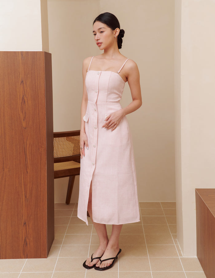 Bella Tweed Padded Midi Dress in Pink