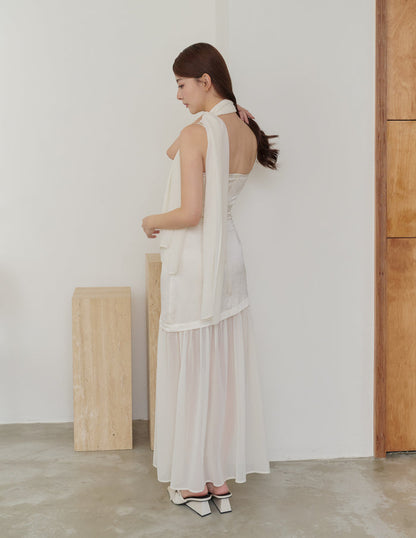 Belle Jacquard Scarf Padded Dress in Ivory