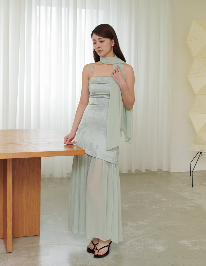 Belle Jacquard Scarf Padded Dress in Sage