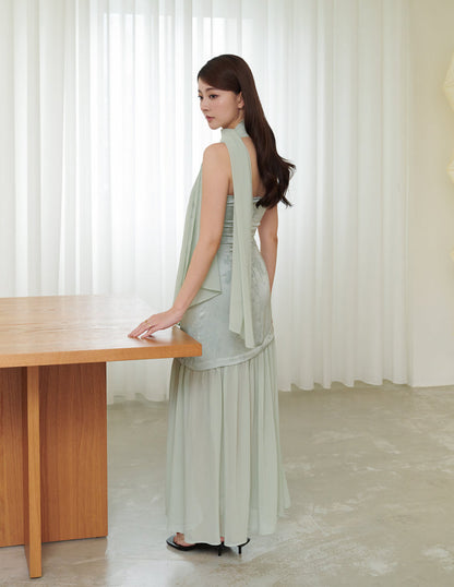Belle Jacquard Scarf Padded Dress in Sage