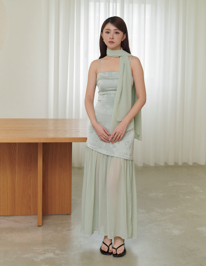 Belle Jacquard Scarf Padded Dress in Sage