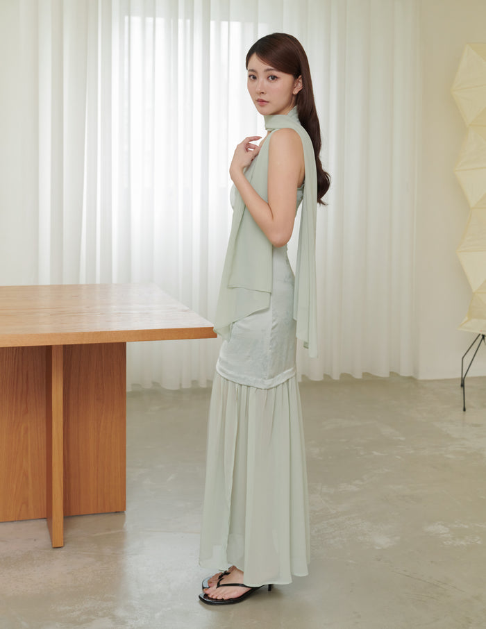 Belle Jacquard Scarf Padded Dress in Sage