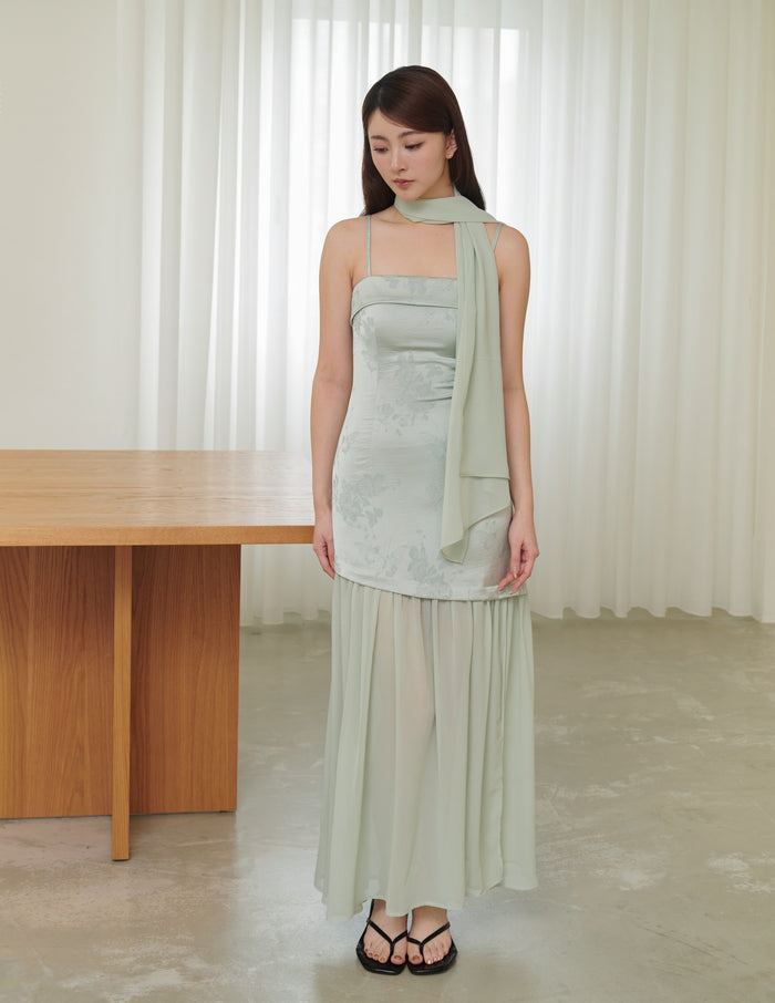 Belle Jacquard Scarf Padded Dress in Sage