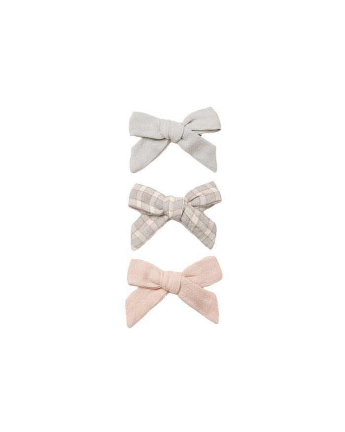 Bow w. Clip, set of 3 ll Cloud, Blue Gingham, Dusty Rose