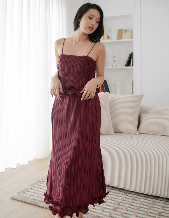 Brena Pleated Midi Skirt in Wine