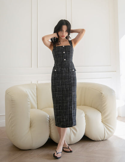 Calista Tweed Midi Dress in Black