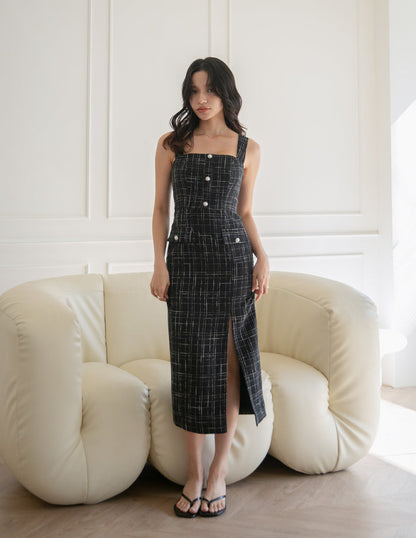 Calista Tweed Midi Dress in Black