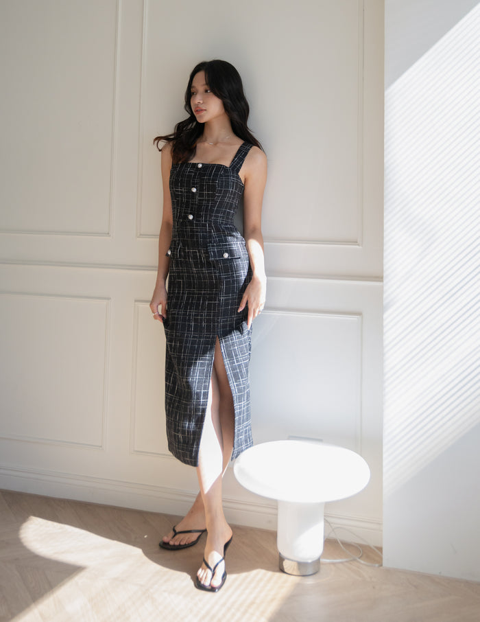 Calista Tweed Midi Dress in Black