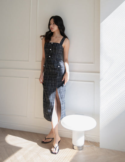 Calista Tweed Midi Dress in Black
