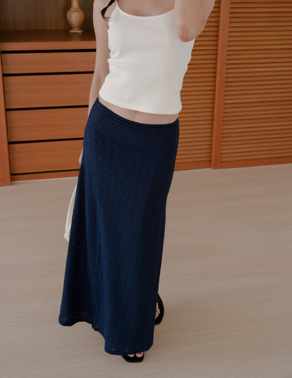 Clarisse Long Lace Skirt in Navy