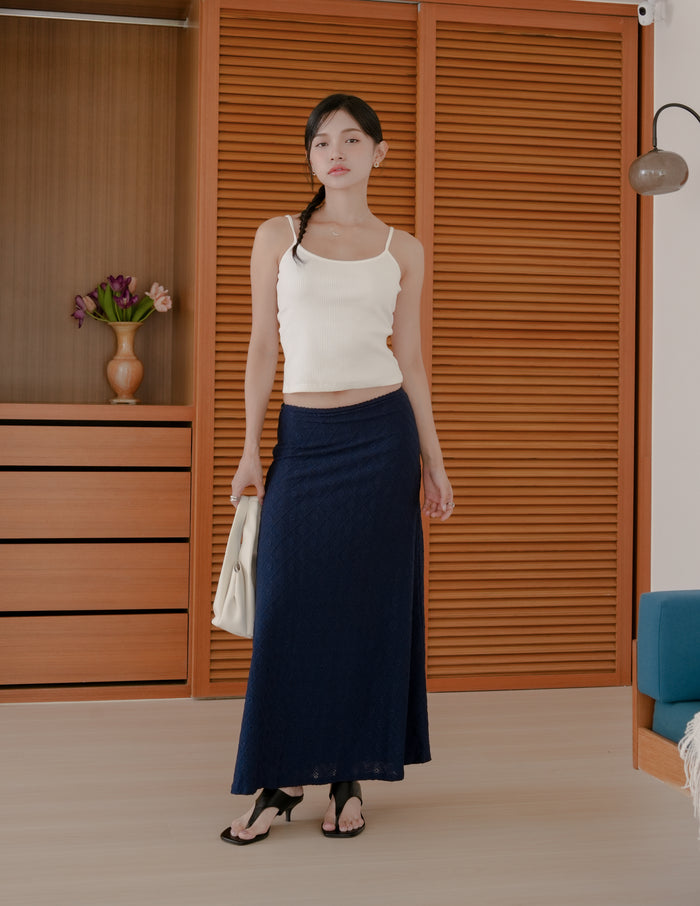 Clarisse Long Lace Skirt in Navy