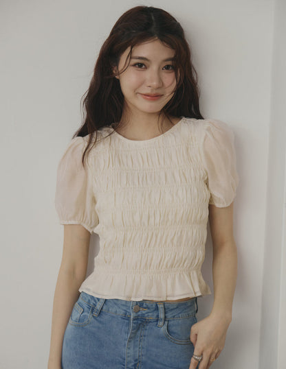Cloe Shirred Puff Sleeve Top in Cream