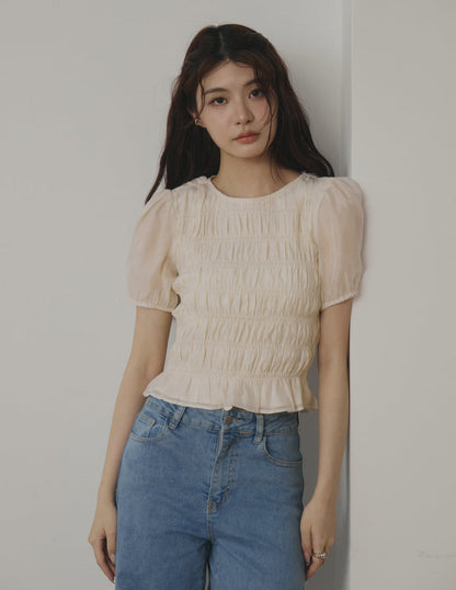 Cloe Shirred Puff Sleeve Top in Cream