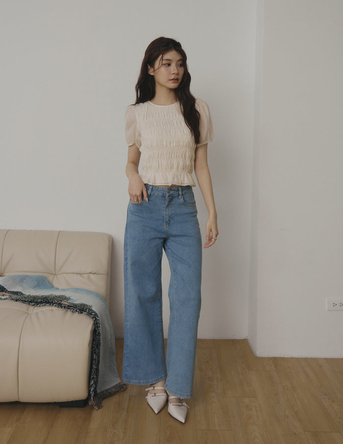 Cloe Shirred Puff Sleeve Top in Cream
