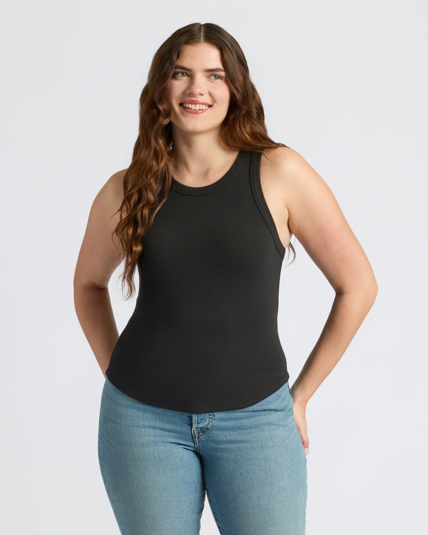 Womens Black Ribbed High Neck Tank