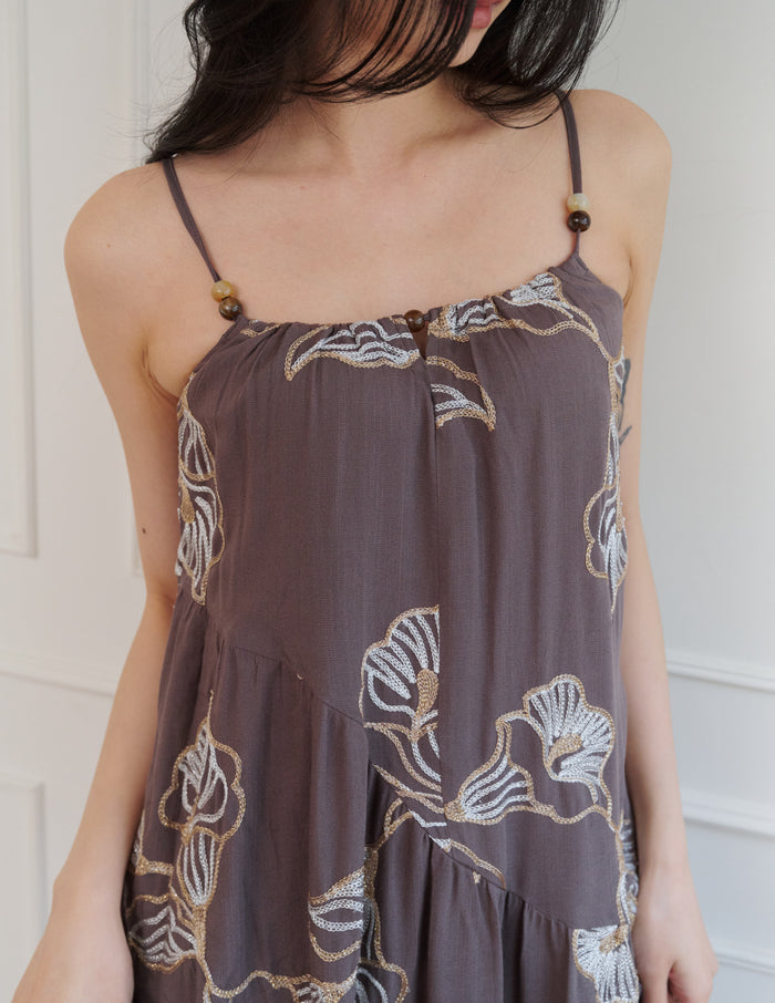 Coco Embroidered Floral Dress in Brown