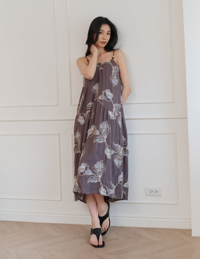 Coco Embroidered Floral Dress in Brown