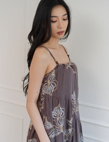 Coco Embroidered Floral Dress in Brown