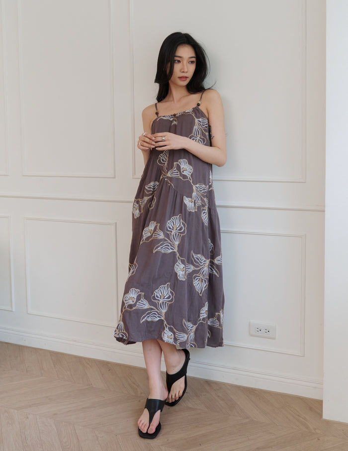 Coco Embroidered Floral Dress in Brown