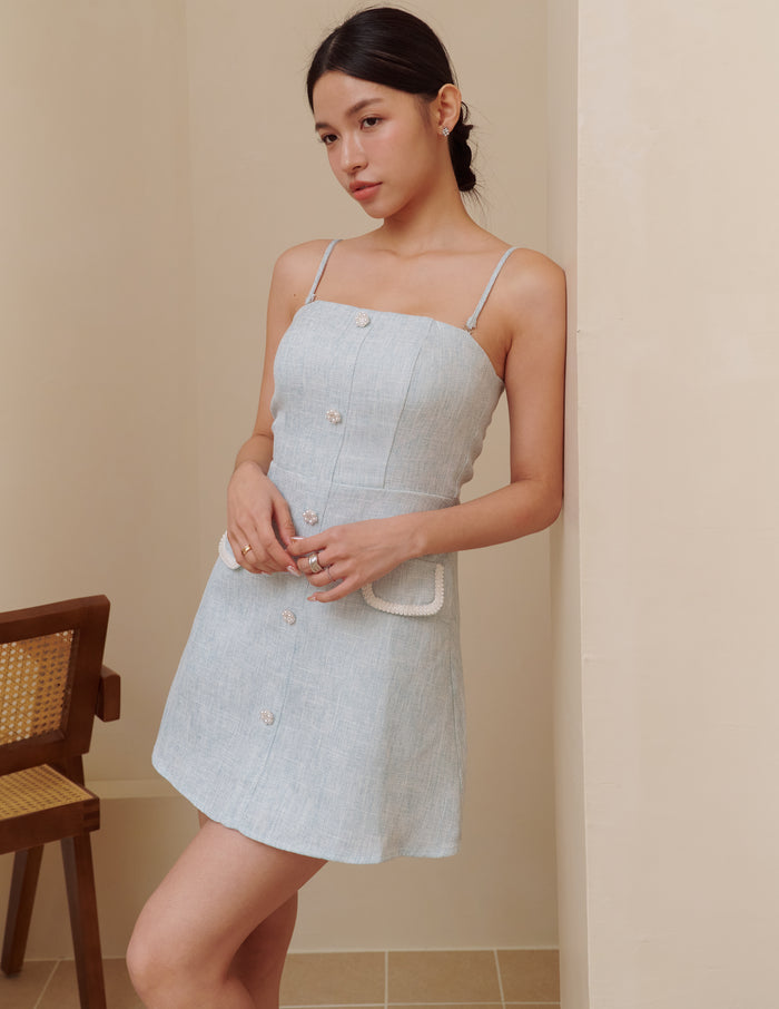Ella Tweed Padded Mini Dress in Blue