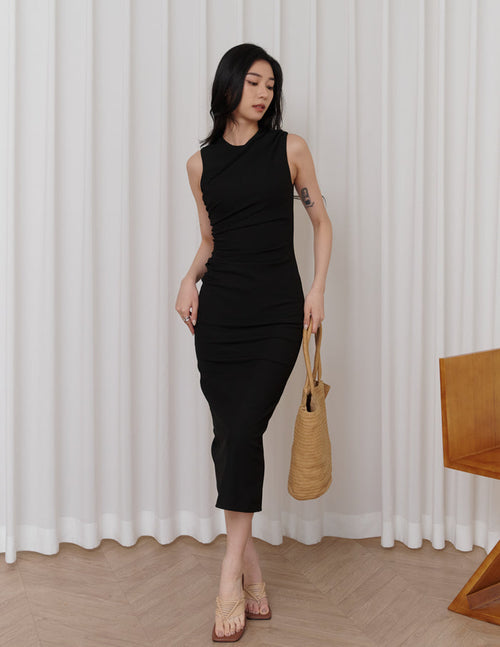 Elodie Ruched Midi Dress in Black