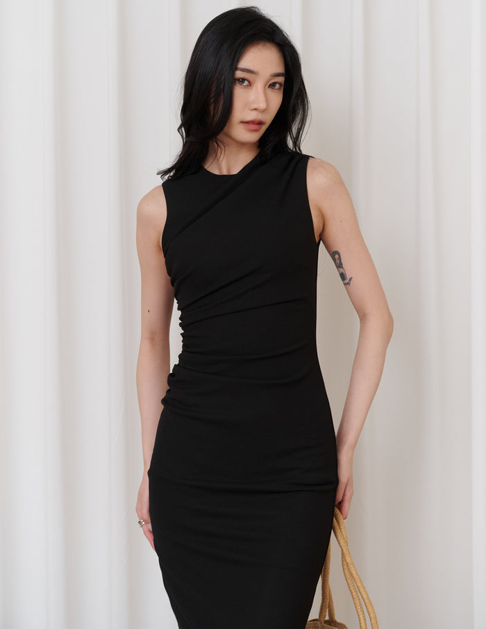 Elodie Ruched Midi Dress in Black