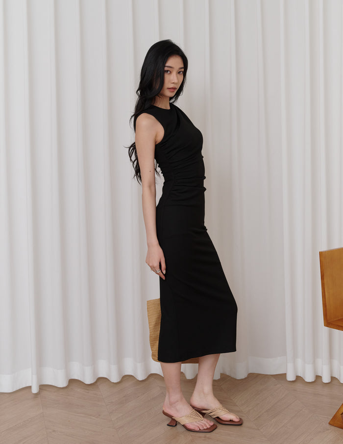 Elodie Ruched Midi Dress in Black
