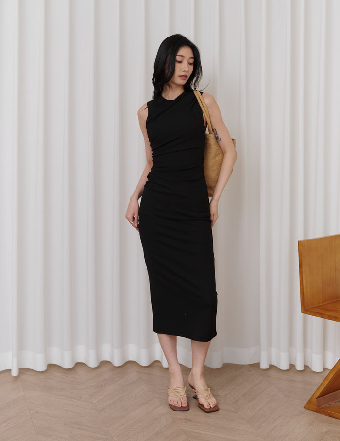 Elodie Ruched Midi Dress in Black