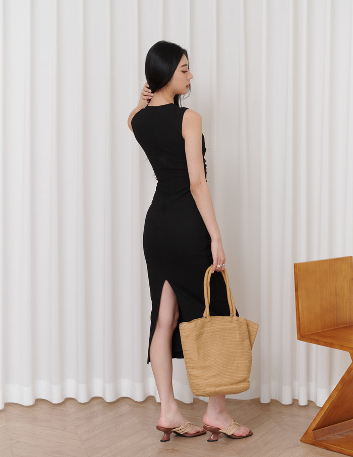 Elodie Ruched Midi Dress in Black