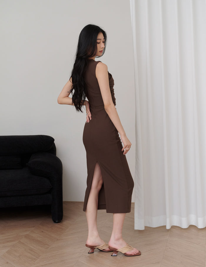 Elodie Ruched Midi Dress in Brown