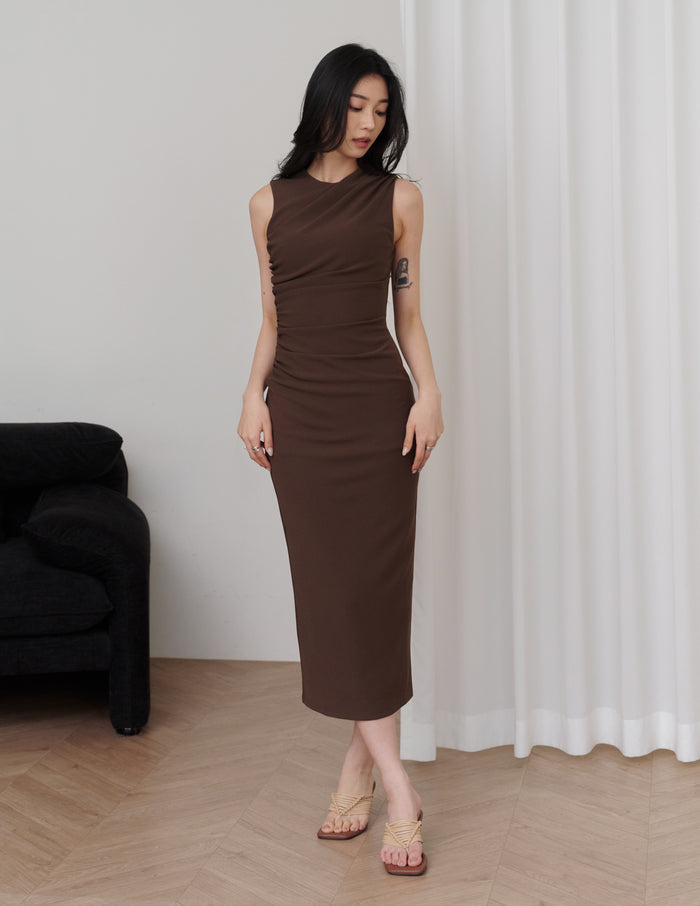 Elodie Ruched Midi Dress in Brown
